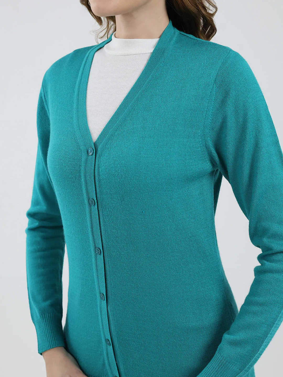 Women Teal Blue Solid V Neck Full Sleeve Cardigan - Image 6