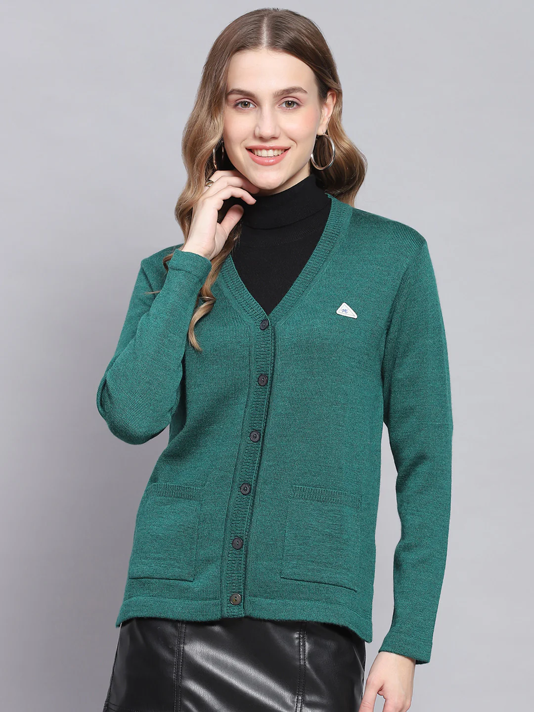 Women Teal Blue Solid V Neck Full Sleeve Cardigans - Image 2