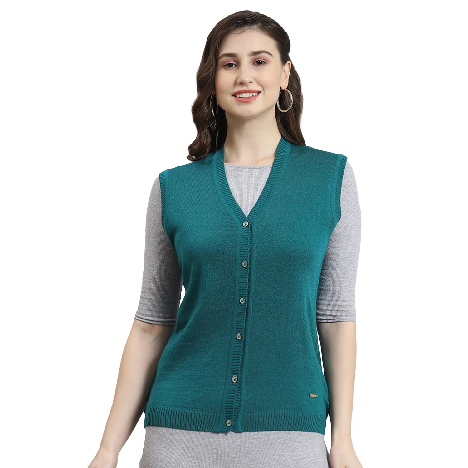 Women Teal Blue Solid V Neck Sleeveless Cardigan - Image 5