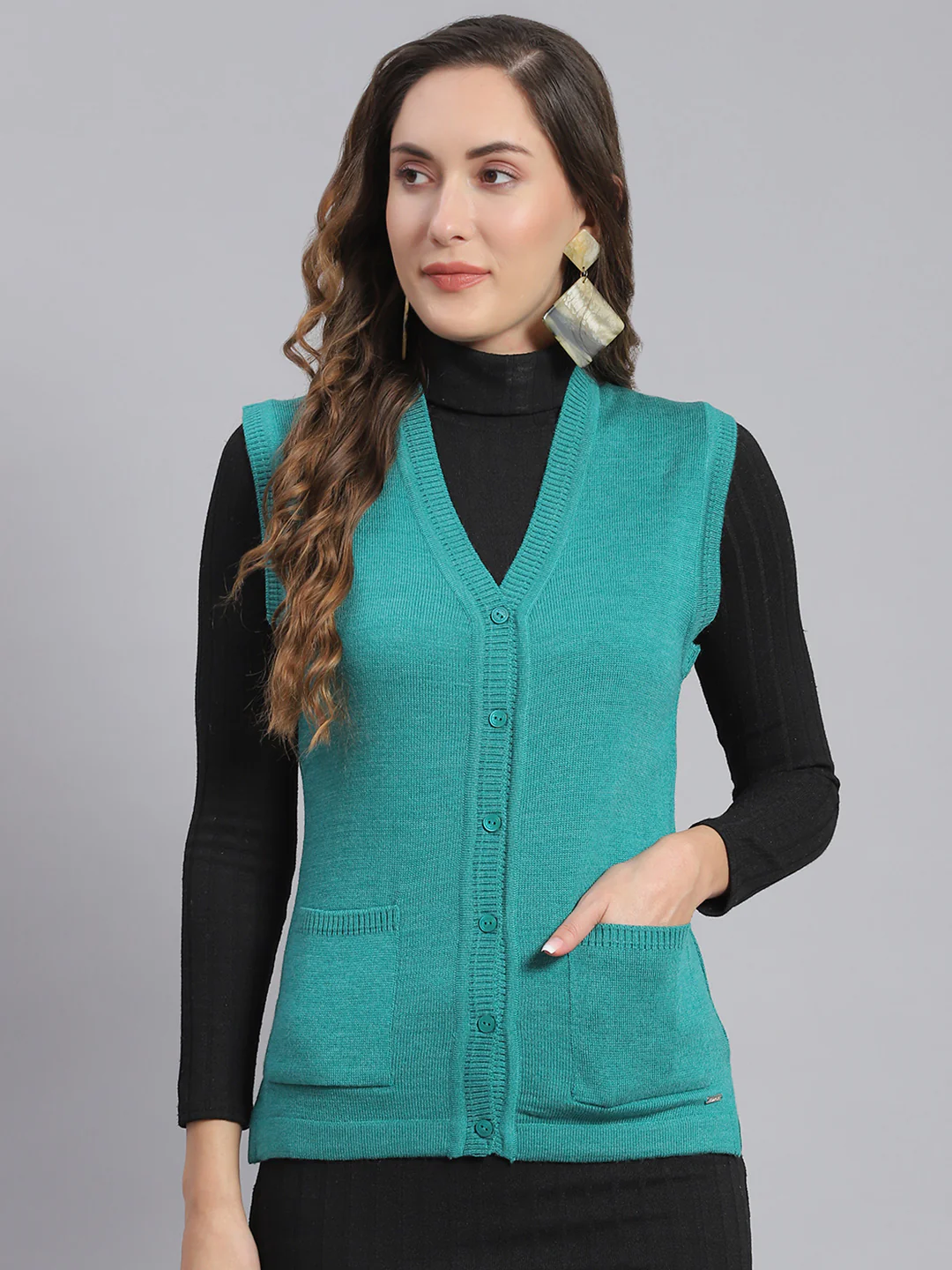 Women Teal Blue Solid V Neck Sleeveless Cardigans - Image 2