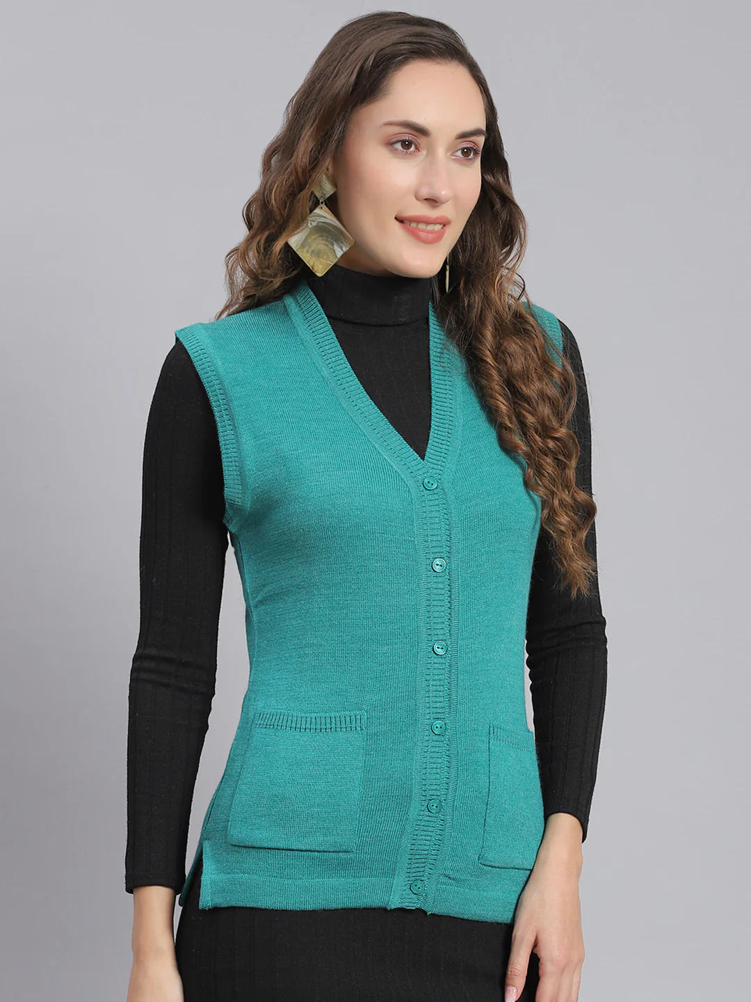 Women Teal Blue Solid V Neck Sleeveless Cardigans - Image 4