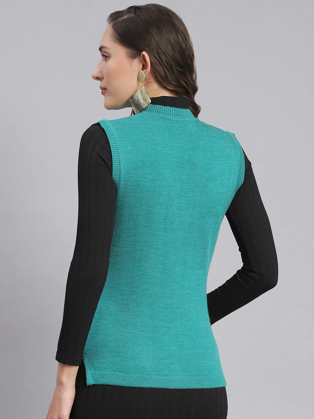 Women Teal Blue Solid V Neck Sleeveless Cardigans - Image 5