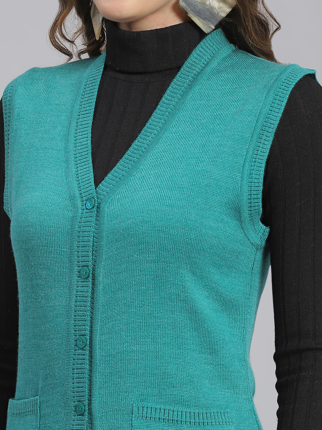 Women Teal Blue Solid V Neck Sleeveless Cardigans - Image 6