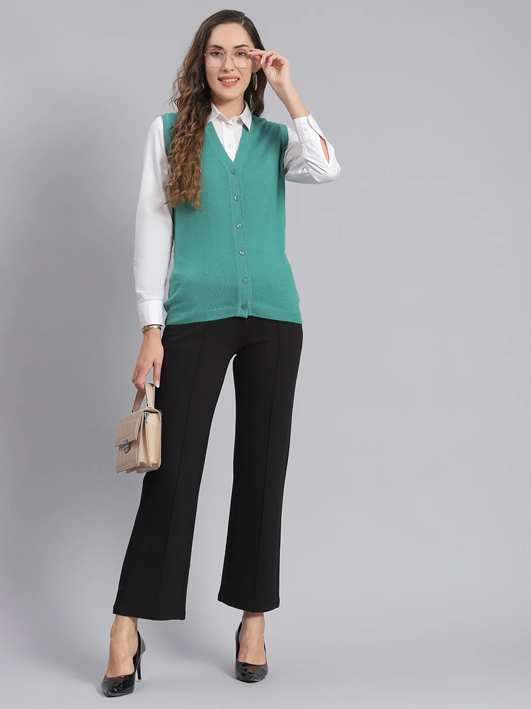 Women Teal Blue Solid V Neck Sleeveless Cardigans