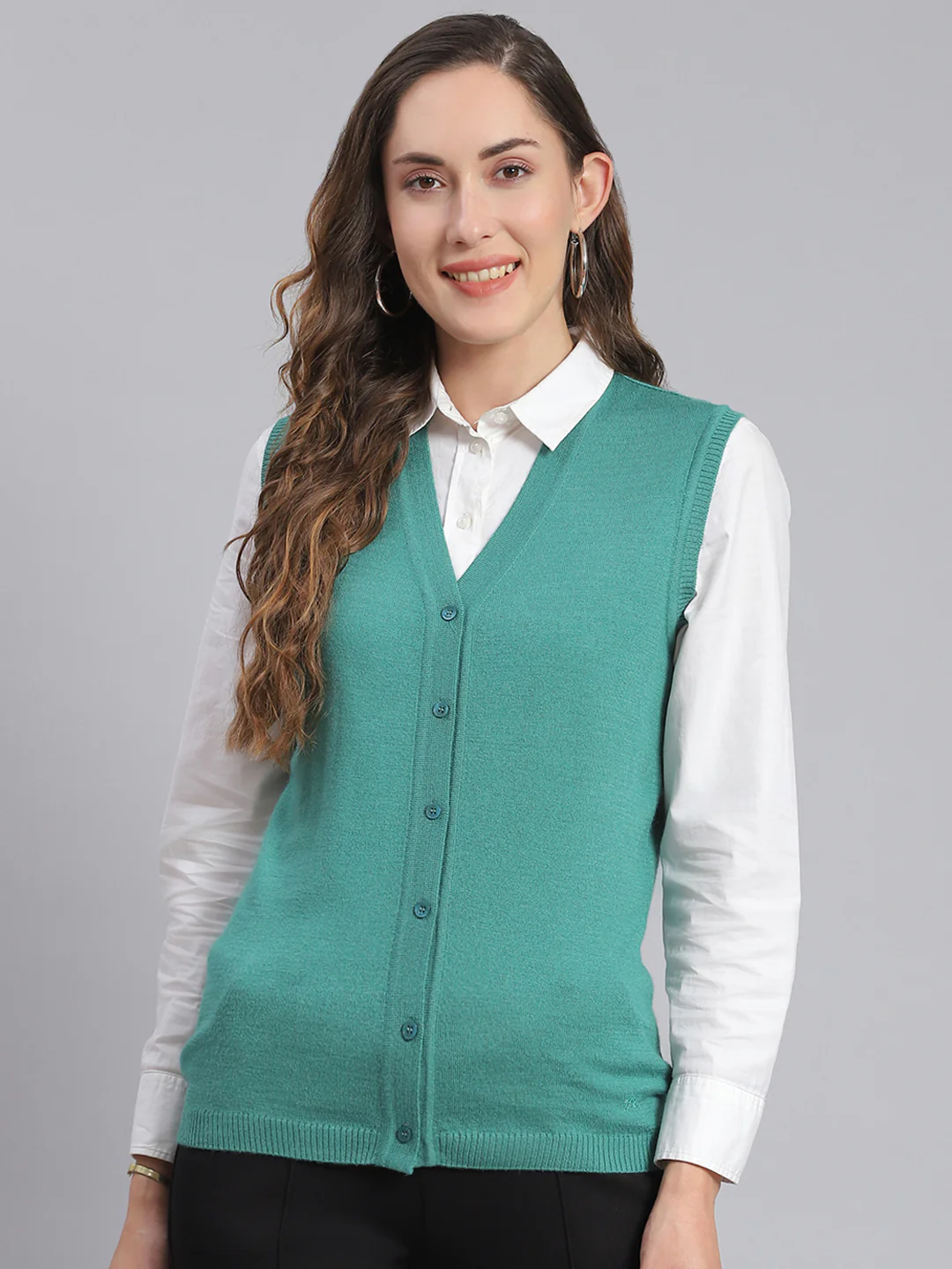 Women Teal Blue Solid V Neck Sleeveless Cardigans - Image 2