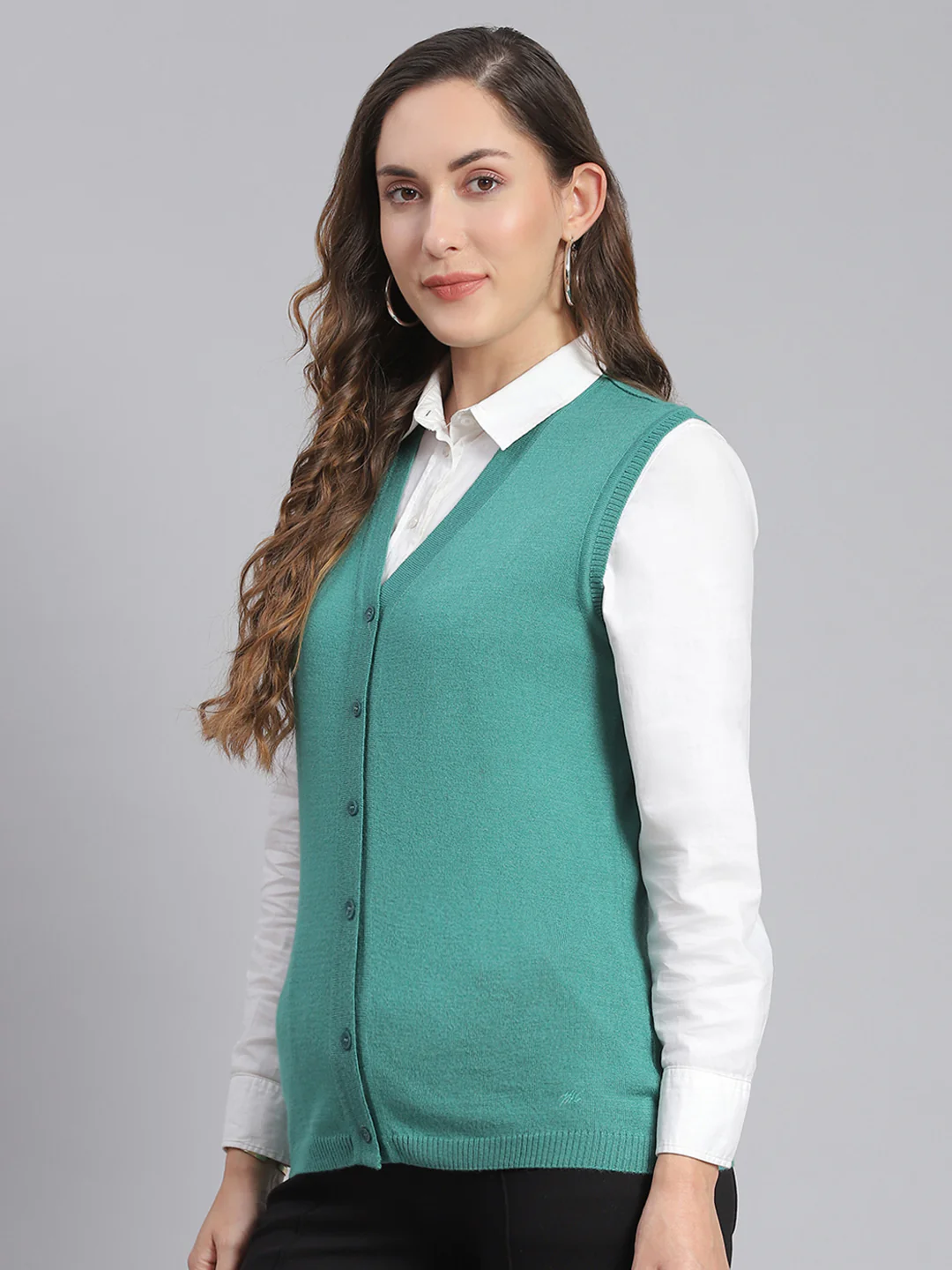 Women Teal Blue Solid V Neck Sleeveless Cardigans - Image 3