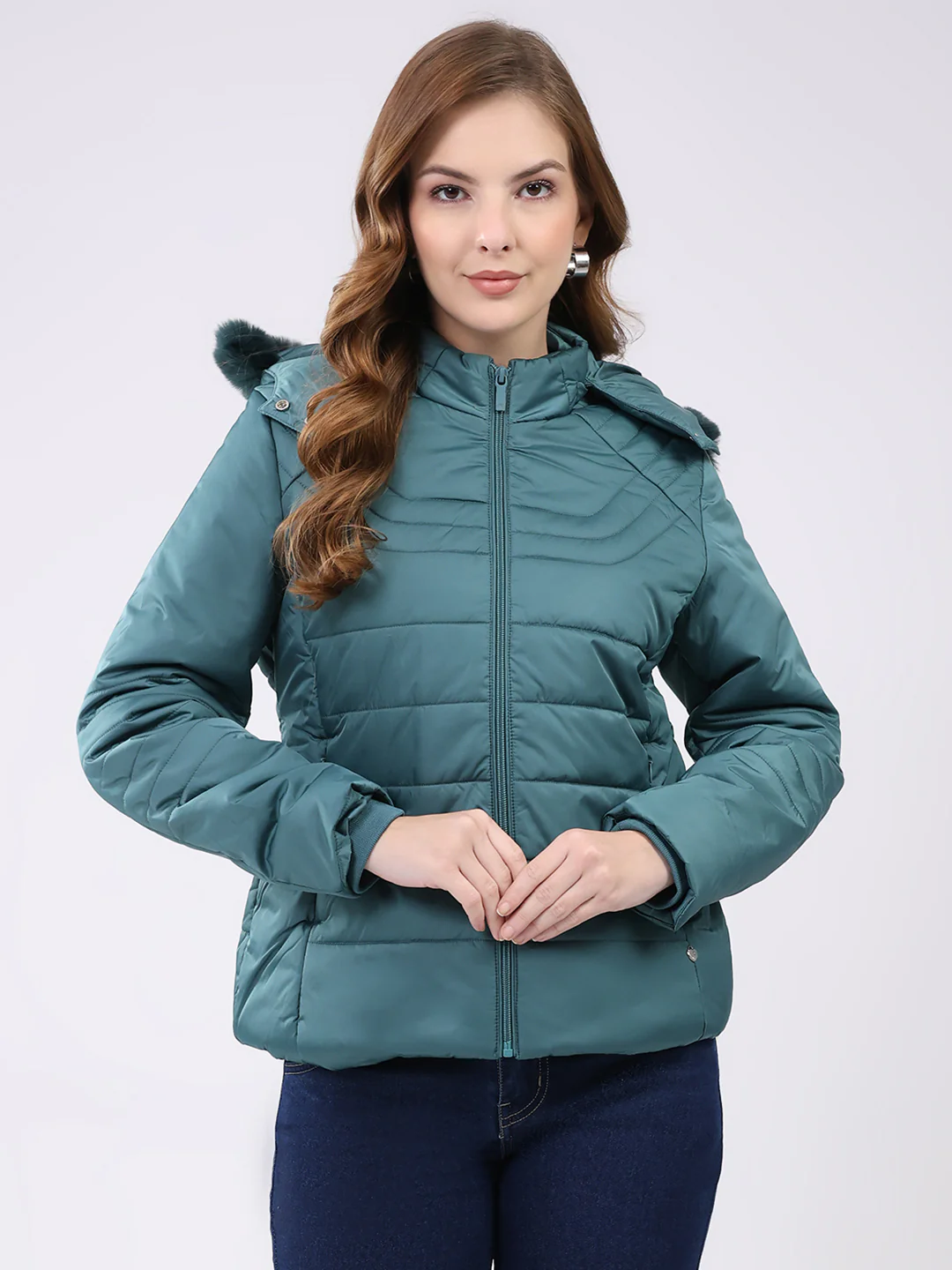 Women Teal Green Solid Hooded Full Sleeve Jacket