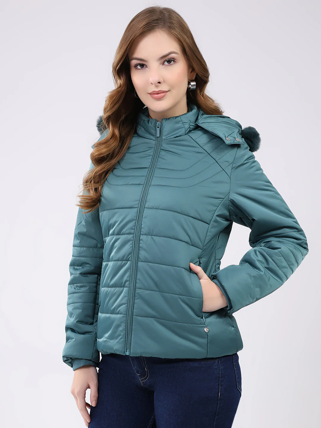 Women Teal Green Solid Hooded Full Sleeve Jacket - Image 3
