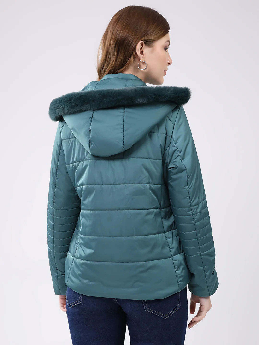 Women Teal Green Solid Hooded Full Sleeve Jacket - Image 5