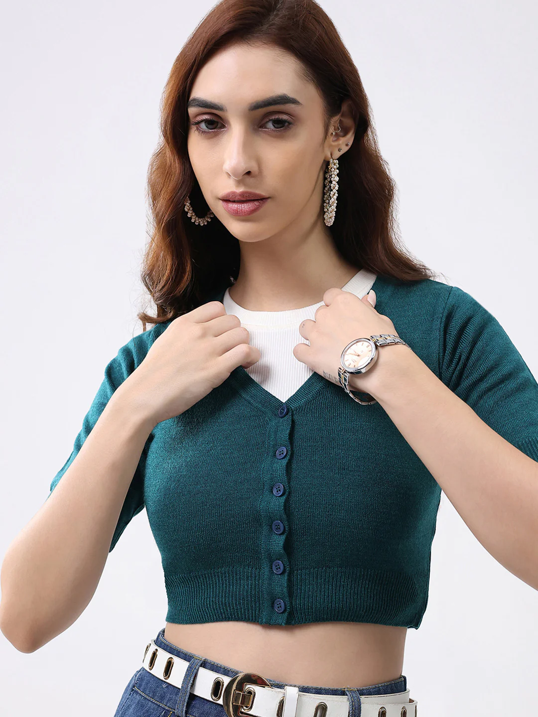 Women Teal Green Solid V Neck Half Sleeve Cardigan - Image 6