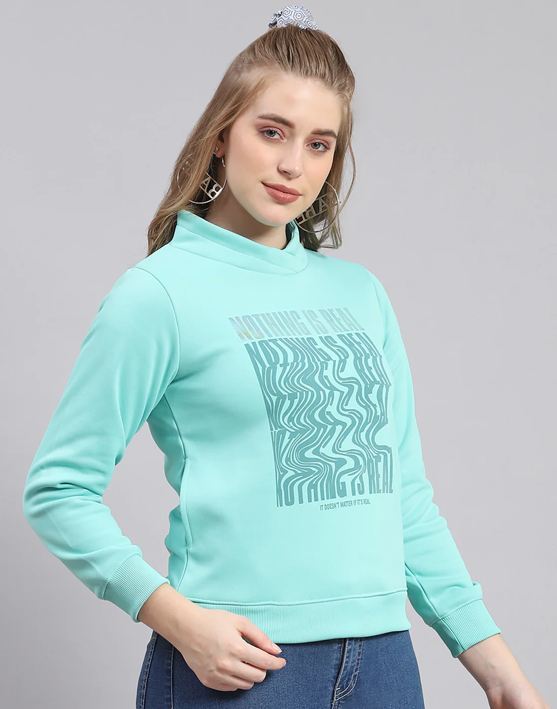 Women Turquoise Blue Printed H Neck Full Sleeve Sweatshirt - Image 4