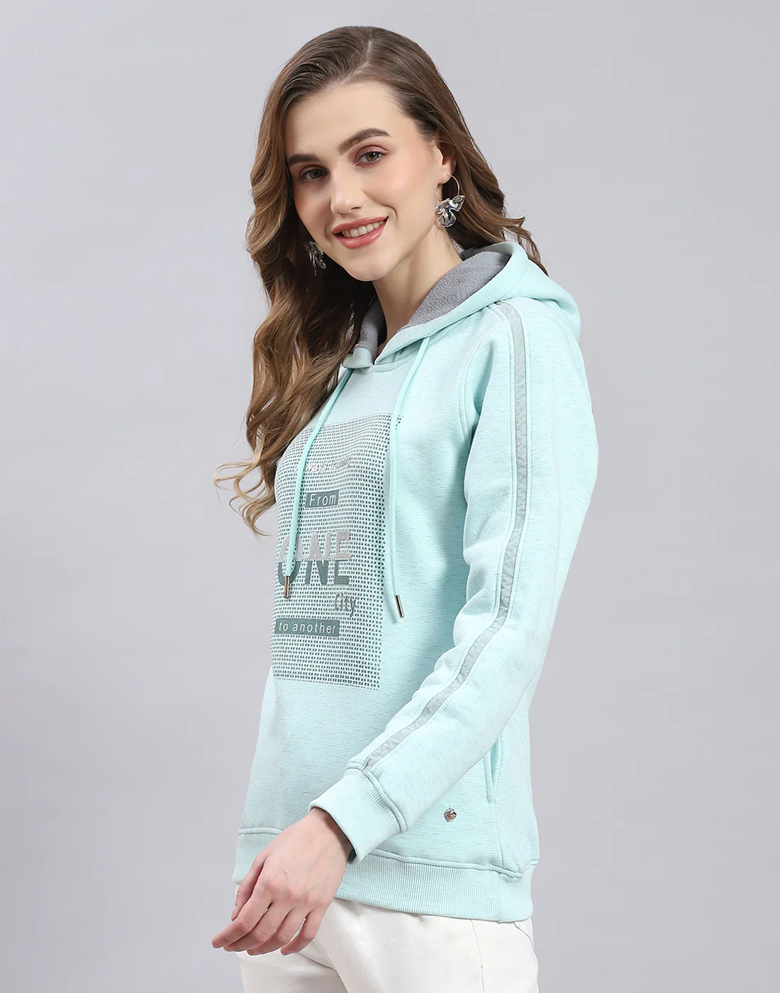 Women Turquoise Blue Printed Hooded Full Sleeve Sweatshirt - Image 4