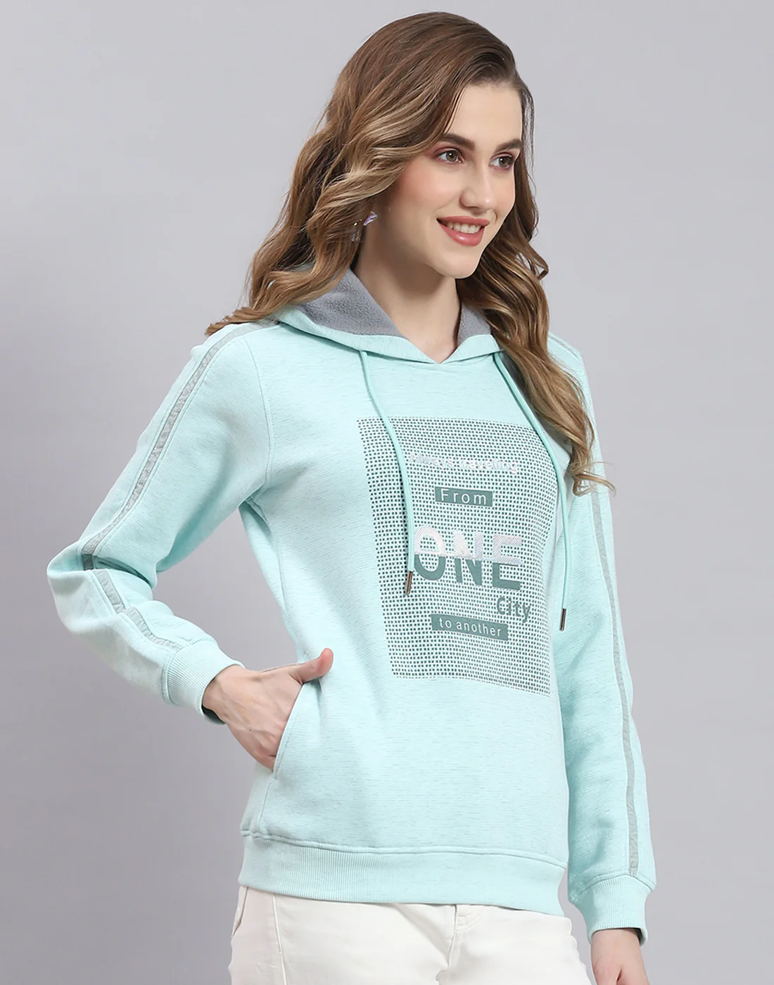 Women Turquoise Blue Printed Hooded Full Sleeve Sweatshirt - Image 5