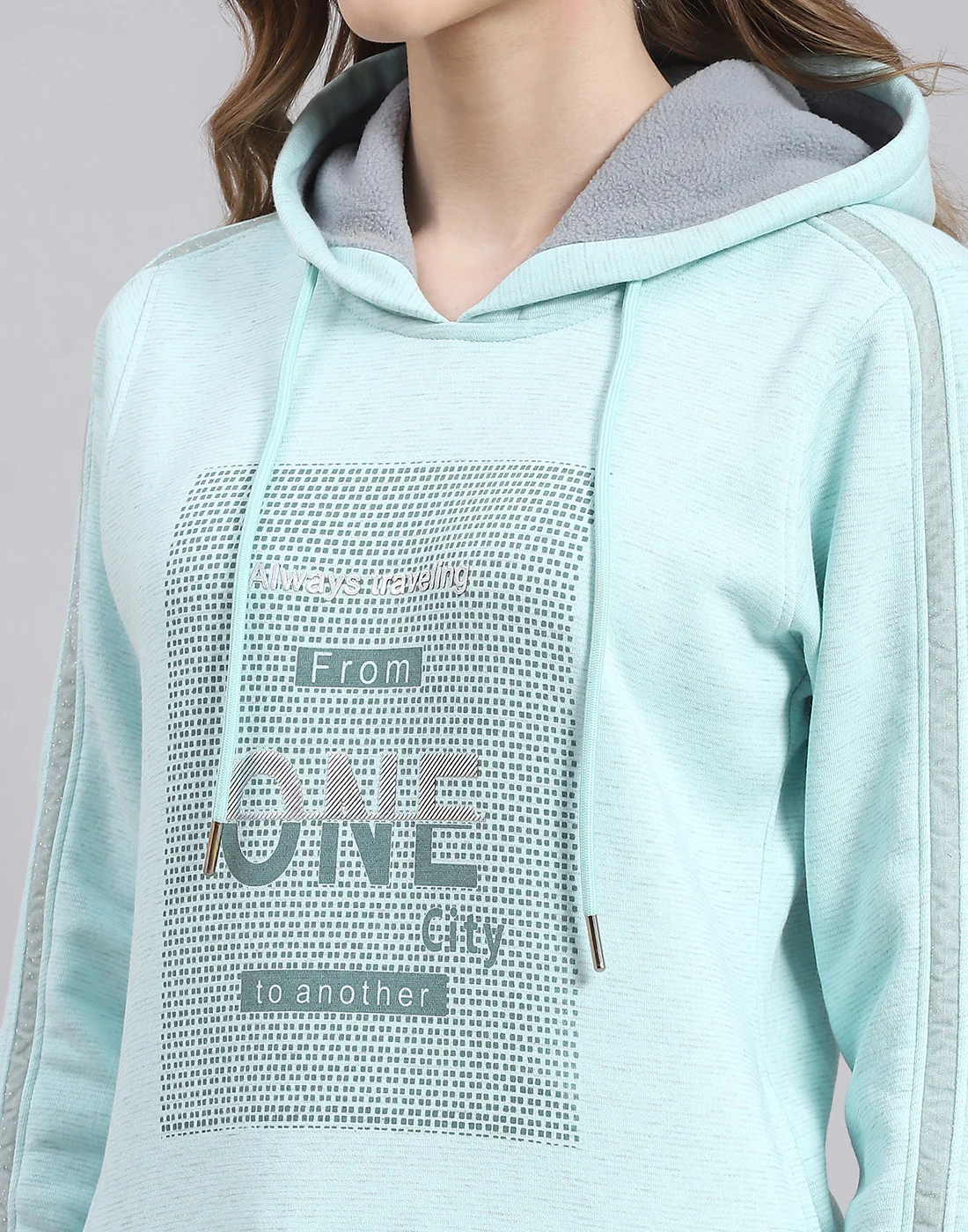 Women Turquoise Blue Printed Hooded Full Sleeve Sweatshirt - Image 7