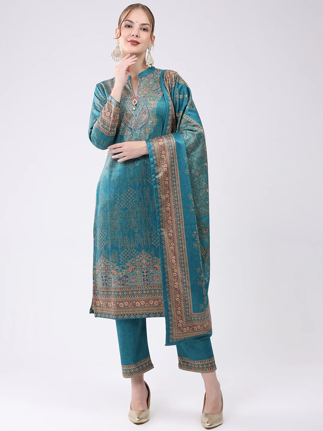 Women Turquoise Blue Printed Round Neck Full Sleeve Kurti Set for Winter