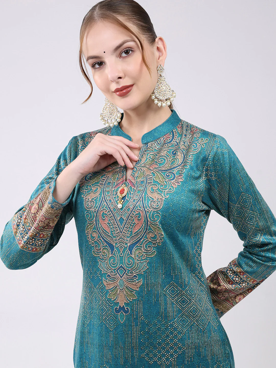 Women Turquoise Blue Printed Round Neck Full Sleeve Kurti Set for Winter - Image 6