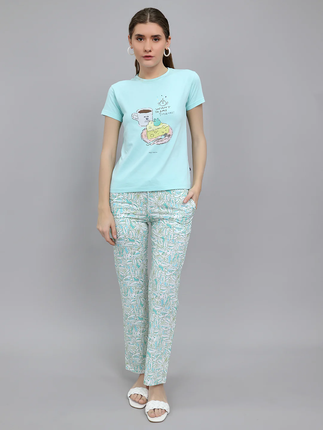 Women Turquoise Blue Printed Round Neck Half Sleeve Lower Set