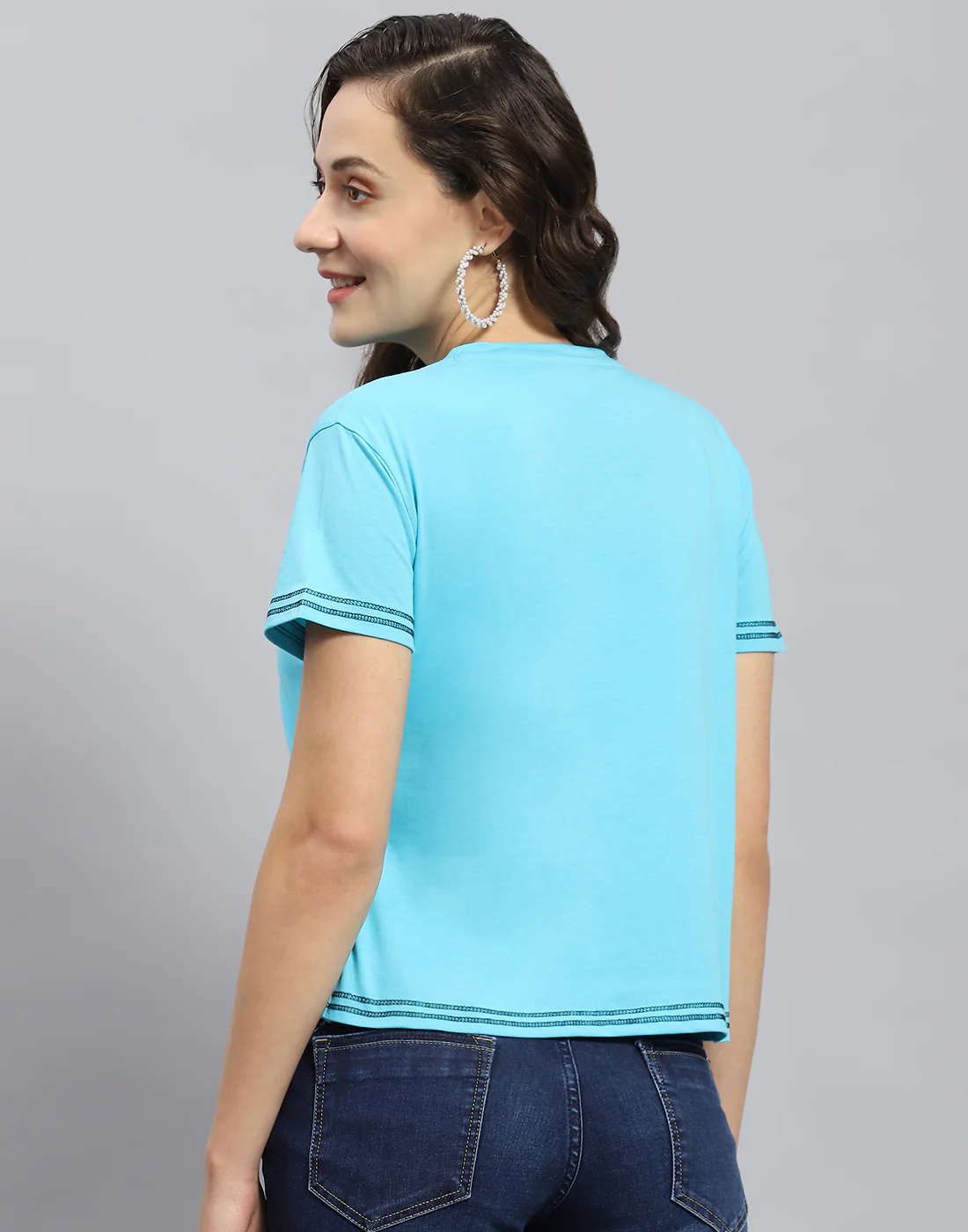 Women Turquoise Blue Printed Round Neck Half Sleeve Top - Image 5