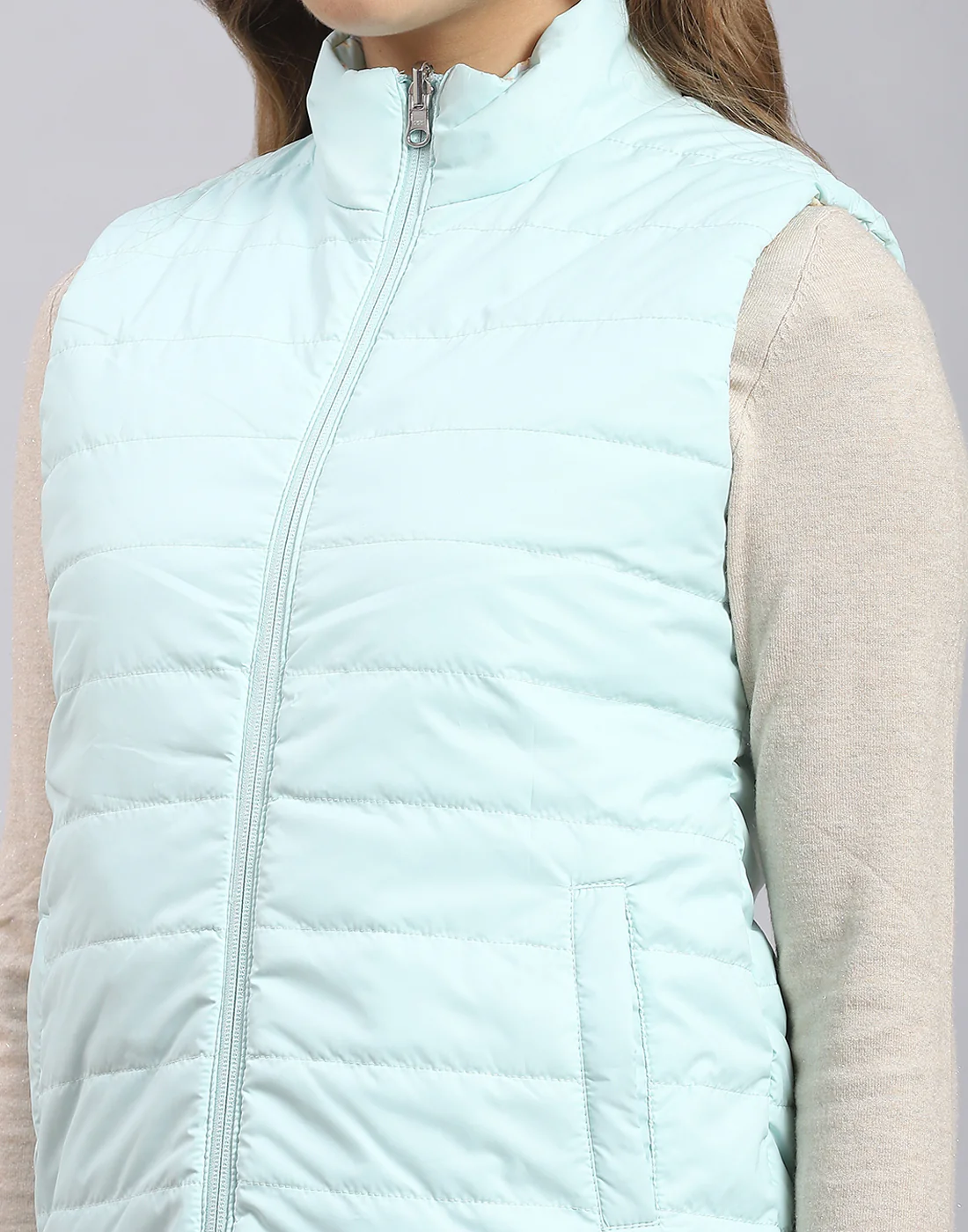 Women Turquoise Blue Printed Stand Collar Sleeveless Jacket - Image 9