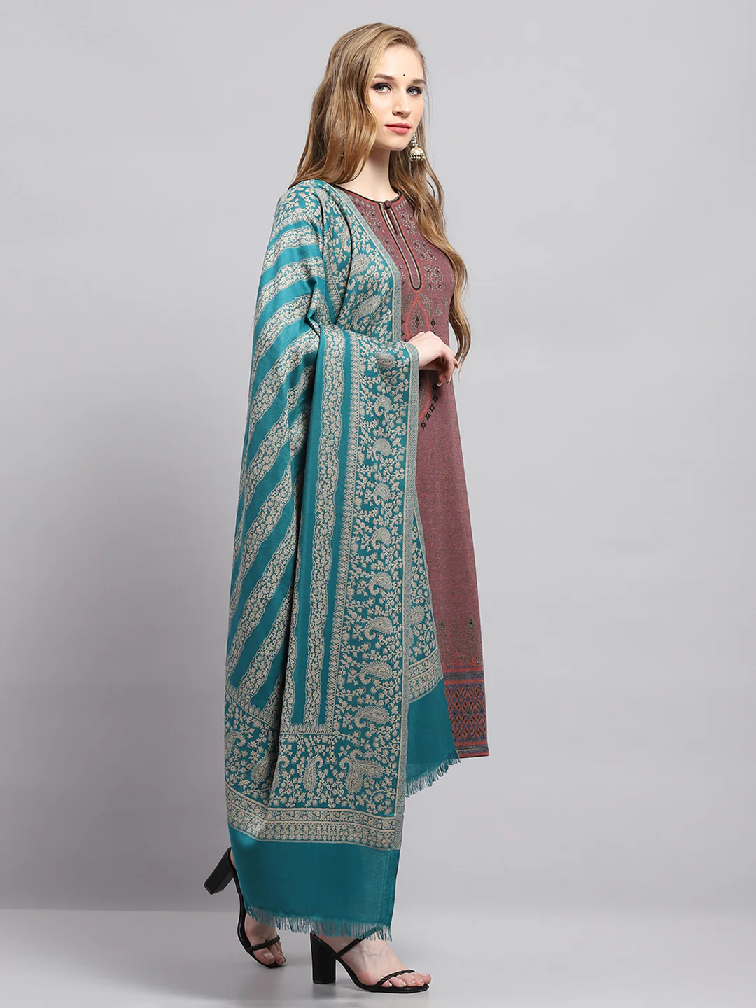 Women Turquoise Blue Self Design Shawl - Image 4