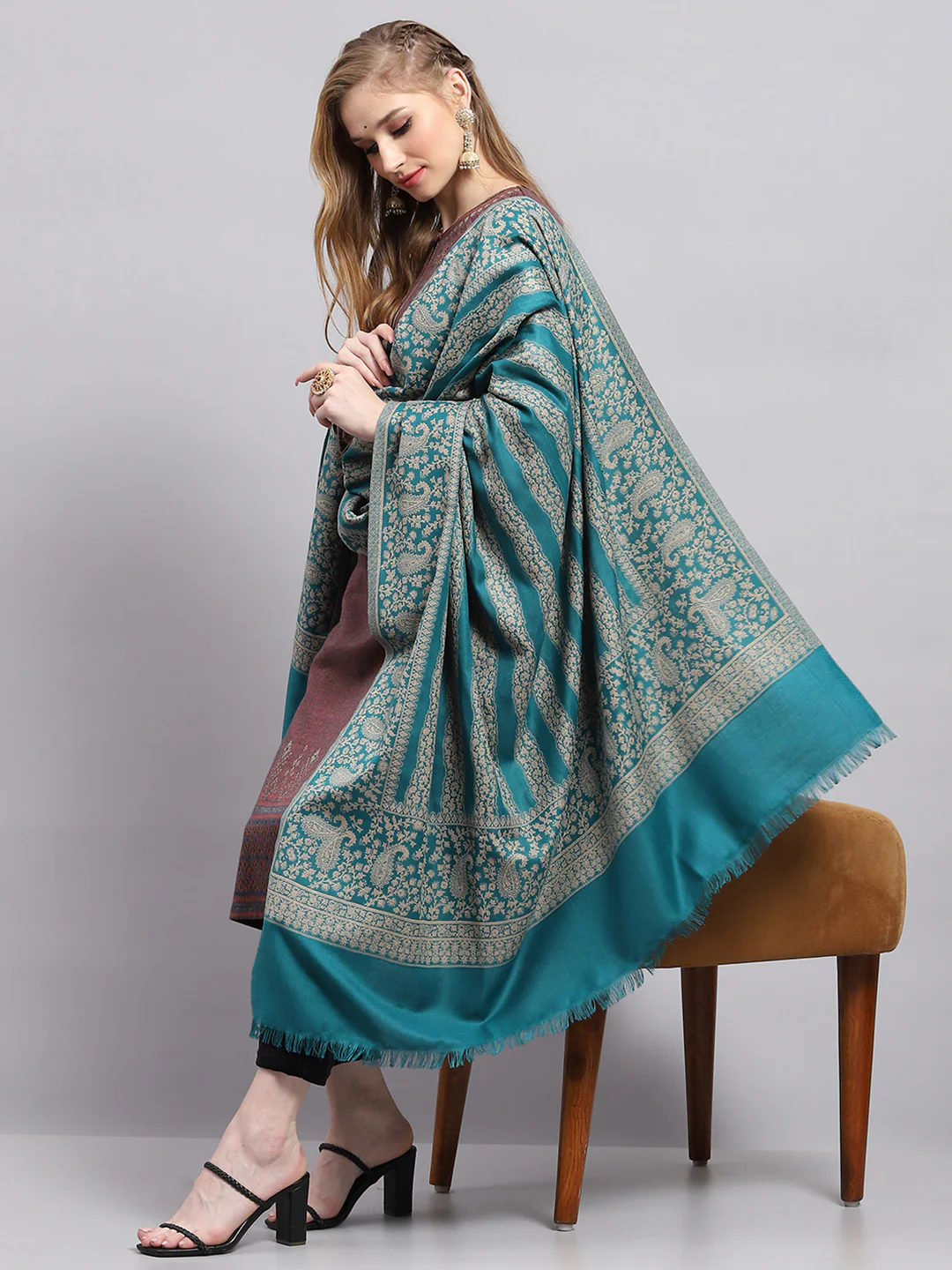 Women Turquoise Blue Self Design Shawl - Image 5