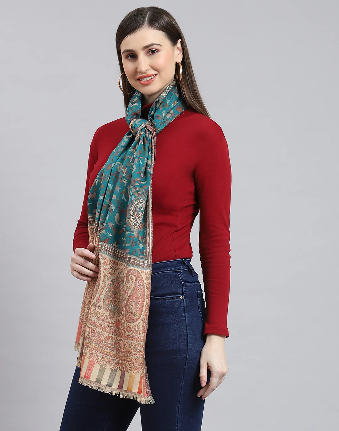 Women Turquoise Blue Self Design Stole - Image 3