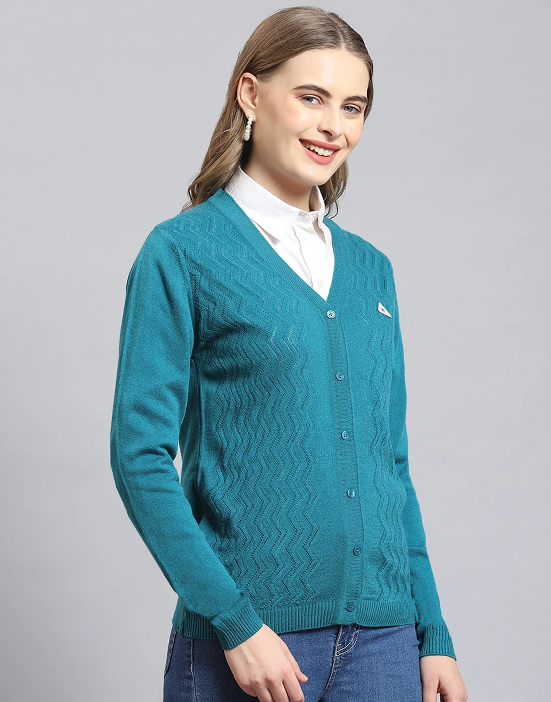 Women Turquoise Blue Self Design V Neck Full Sleeve Cardigan - Image 4