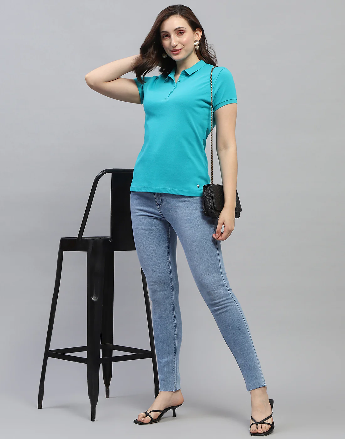 Women Turquoise Blue Solid Collar Neck Half Sleeve T Shirt - Image 2