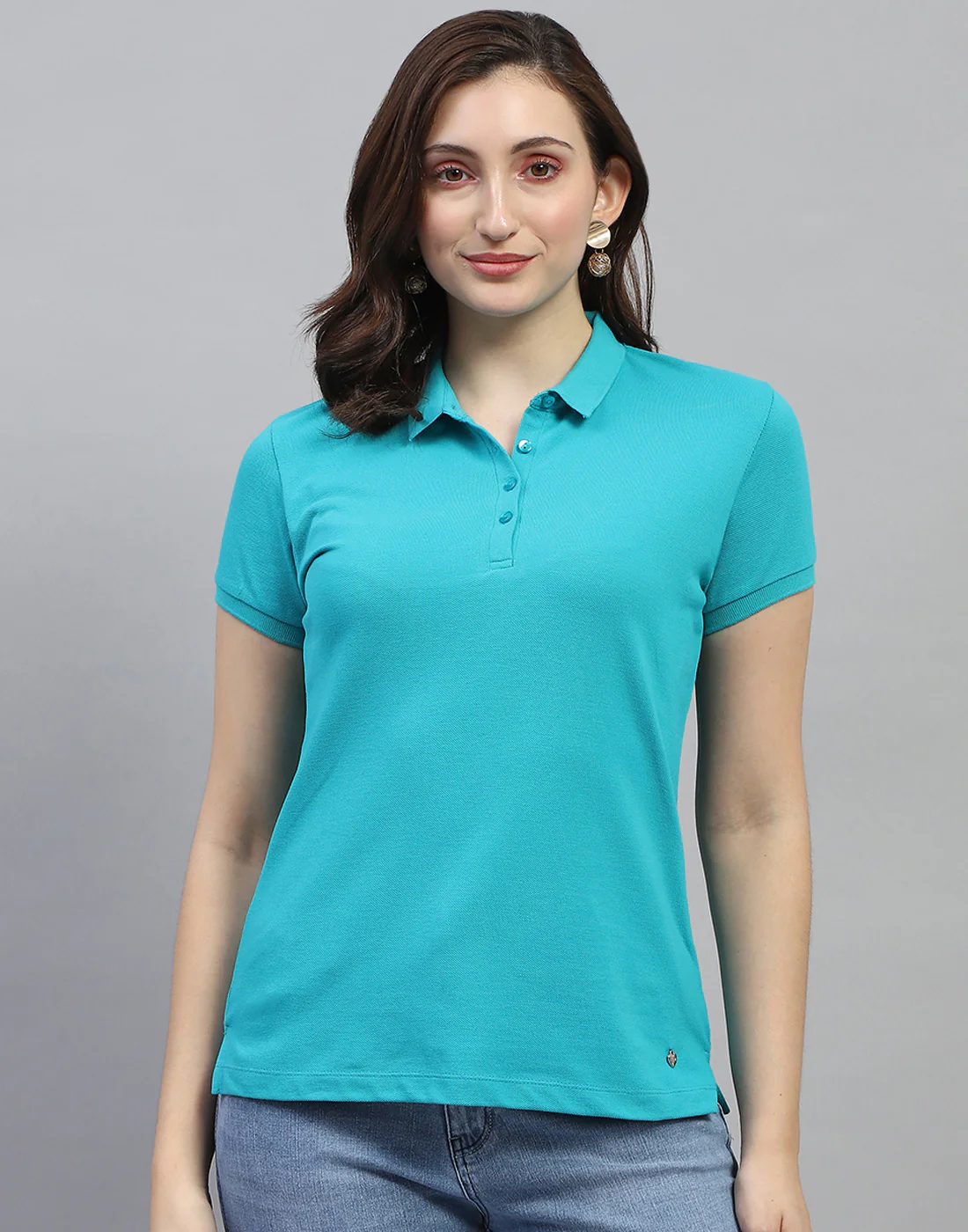 Women Turquoise Blue Solid Collar Neck Half Sleeve T Shirt - Image 3