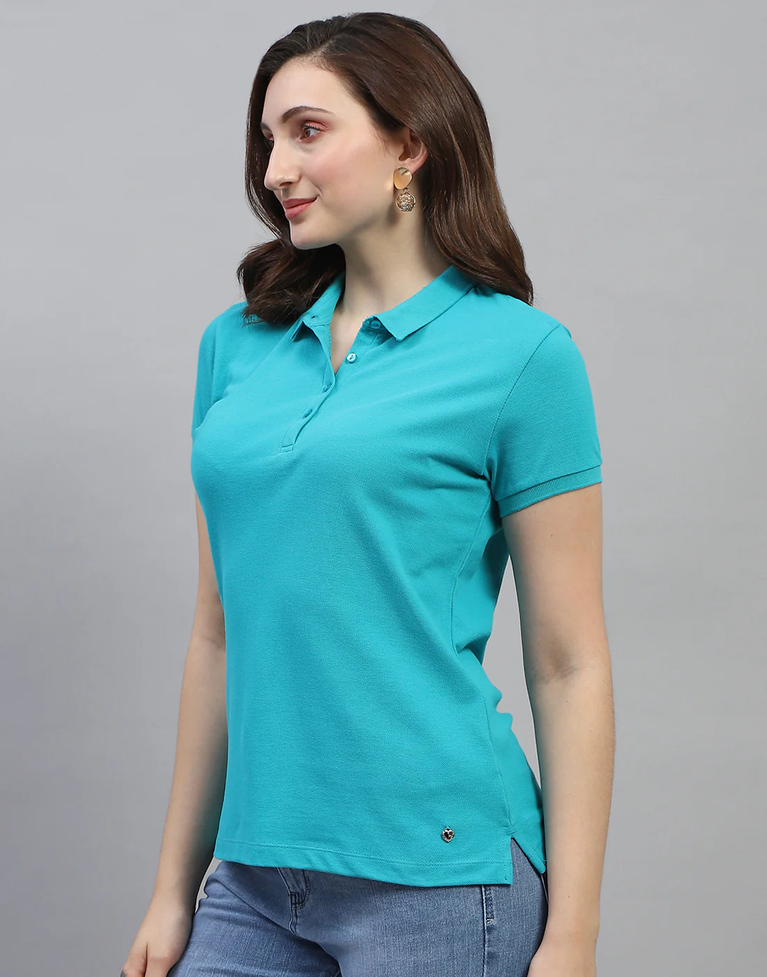 Women Turquoise Blue Solid Collar Neck Half Sleeve T Shirt - Image 4