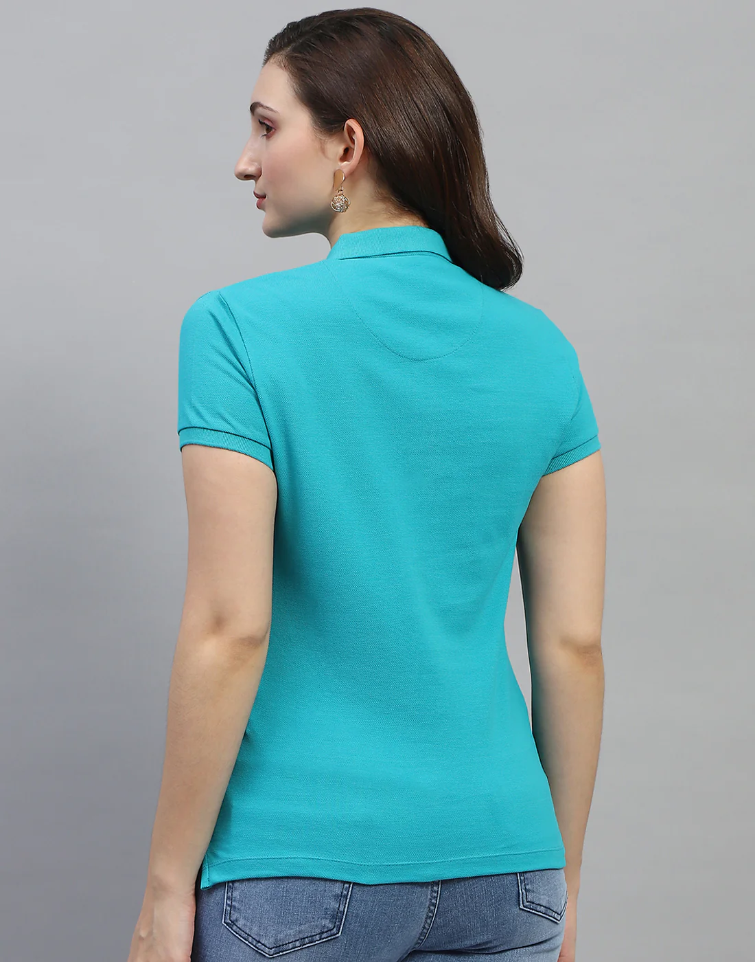 Women Turquoise Blue Solid Collar Neck Half Sleeve T Shirt - Image 5