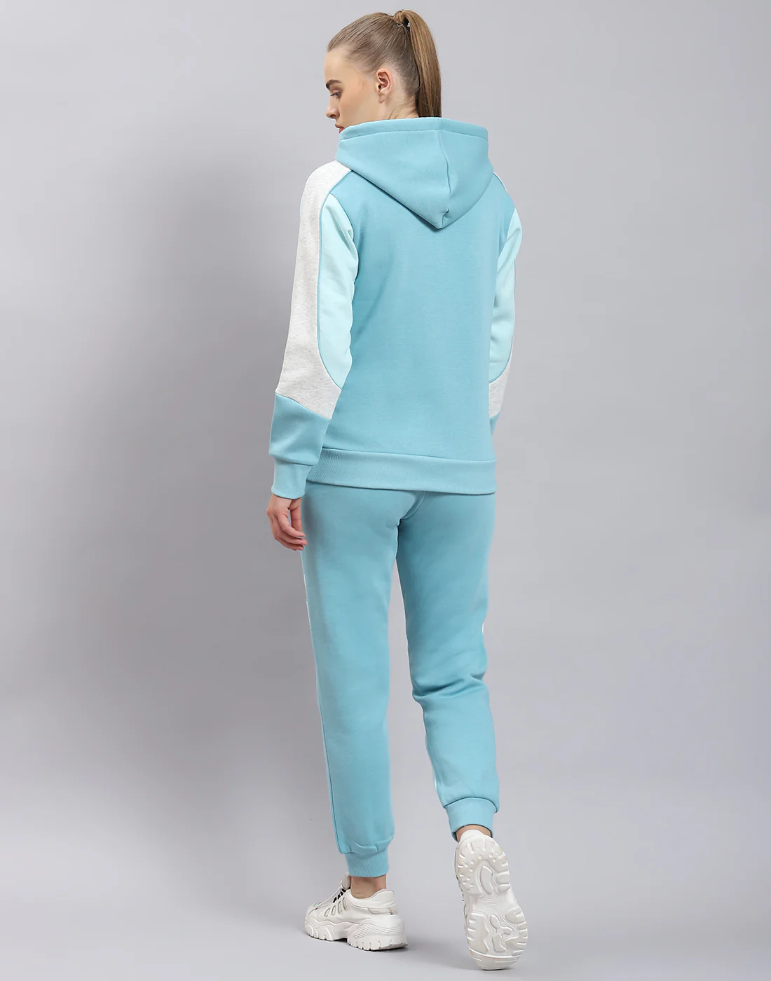 Women Turquoise Blue Solid Hooded Full Sleeve Tracksuit - Image 5