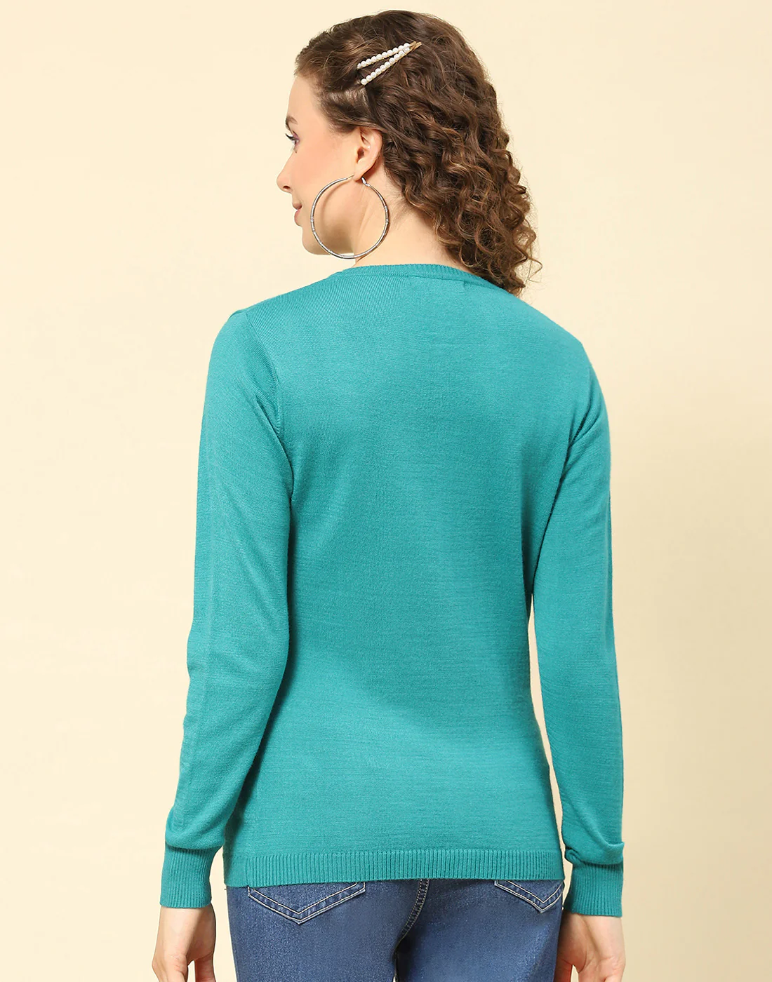 Women Turquoise Blue Solid Round Neck Full Sleeve Cardigan - Image 5