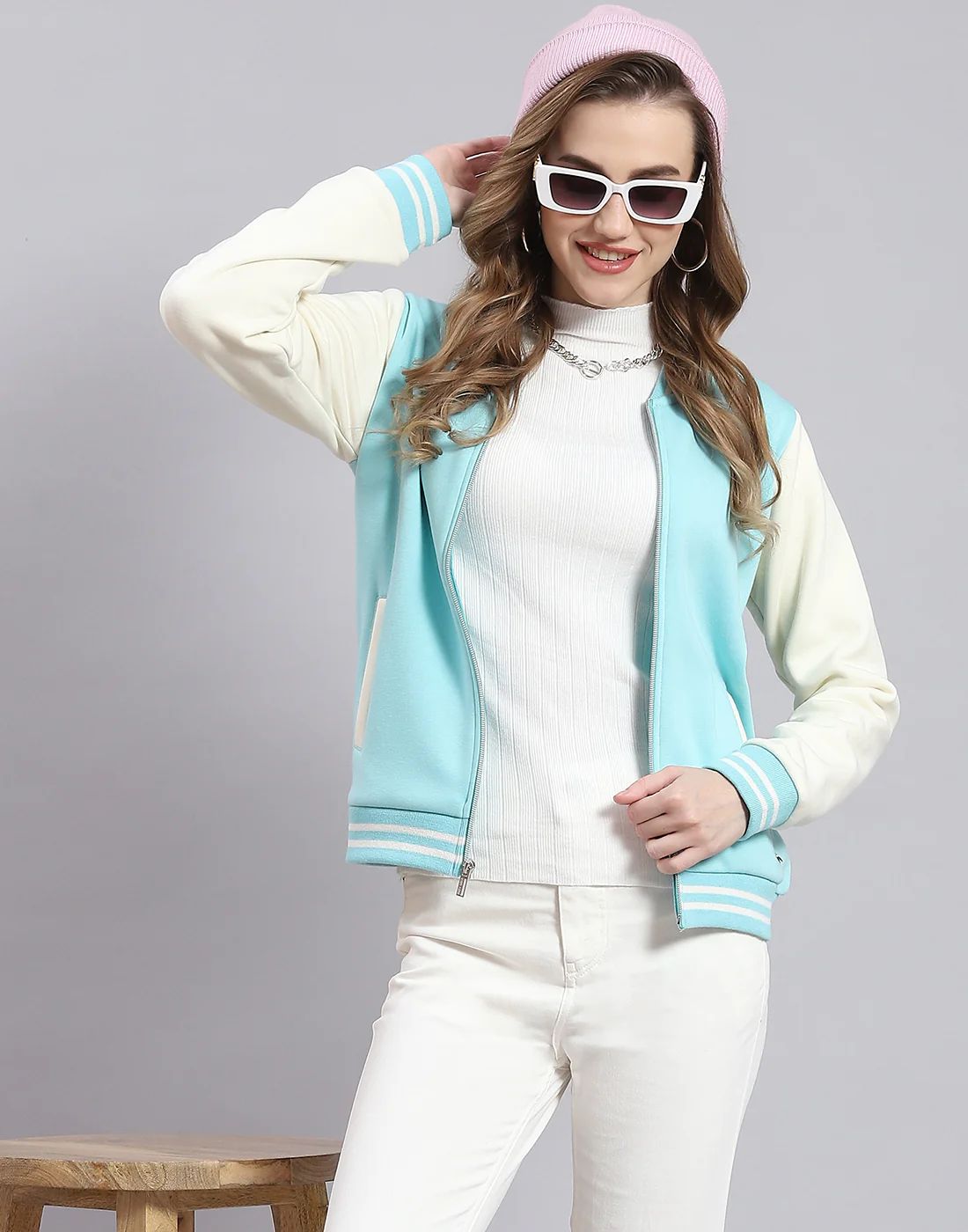 Women Turquoise Blue Solid Stand Collar Full Sleeve Sweatshirt - Image 2