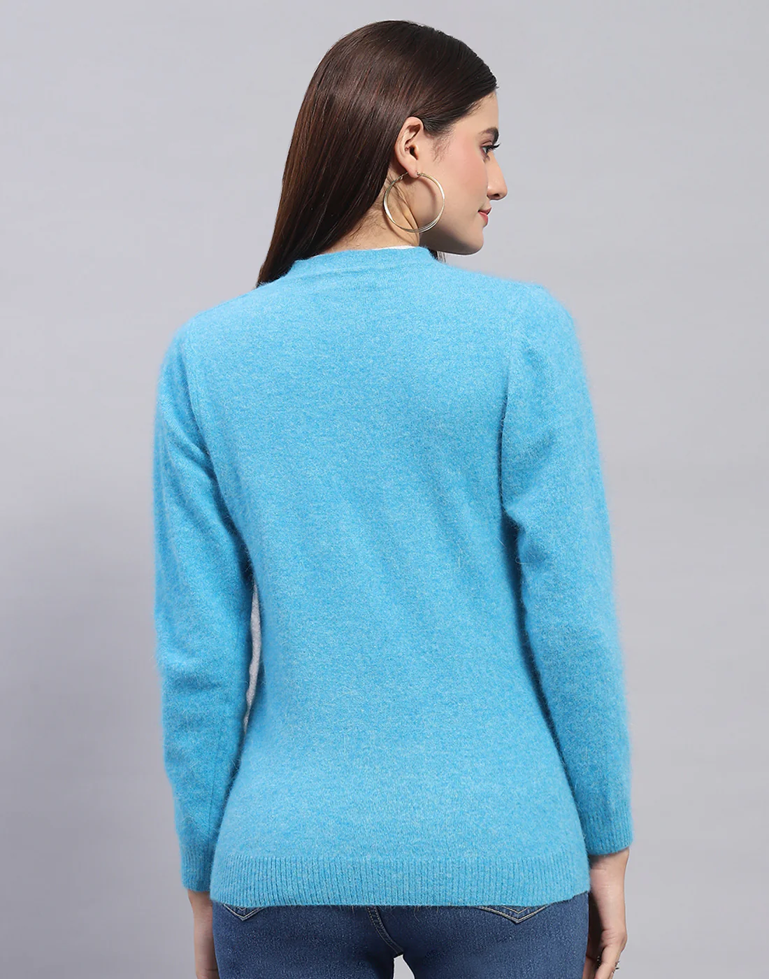 Women Turquoise Blue Solid V Neck Full Sleeve Cardigan - Image 5