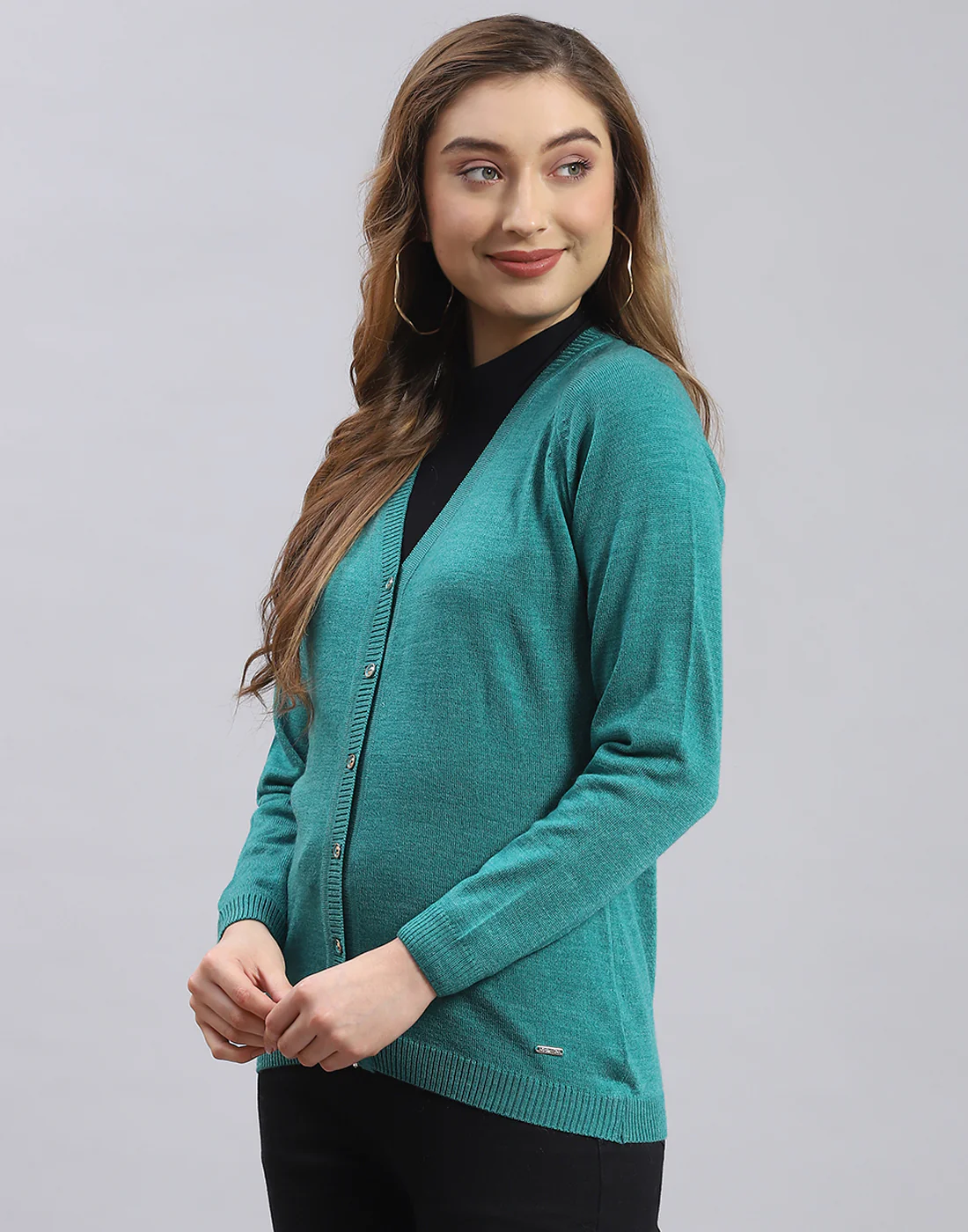 Women Turquoise Blue Solid V Neck Full Sleeve Sweater - Image 3