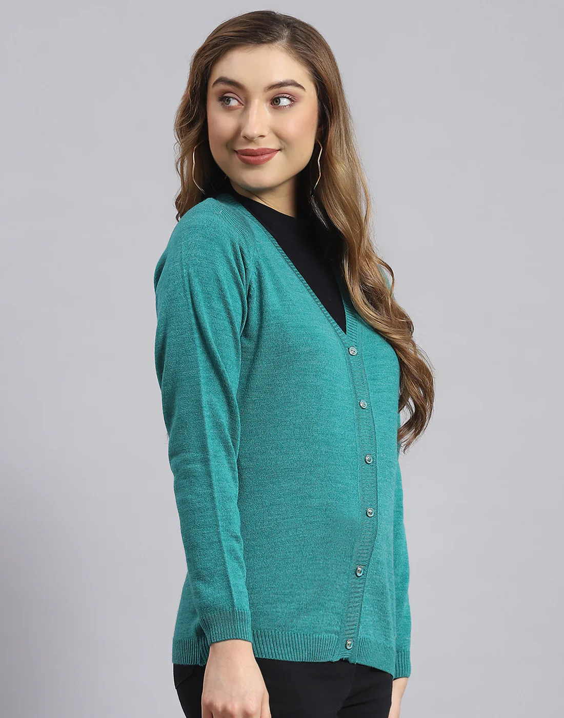 Women Turquoise Blue Solid V Neck Full Sleeve Sweater - Image 4