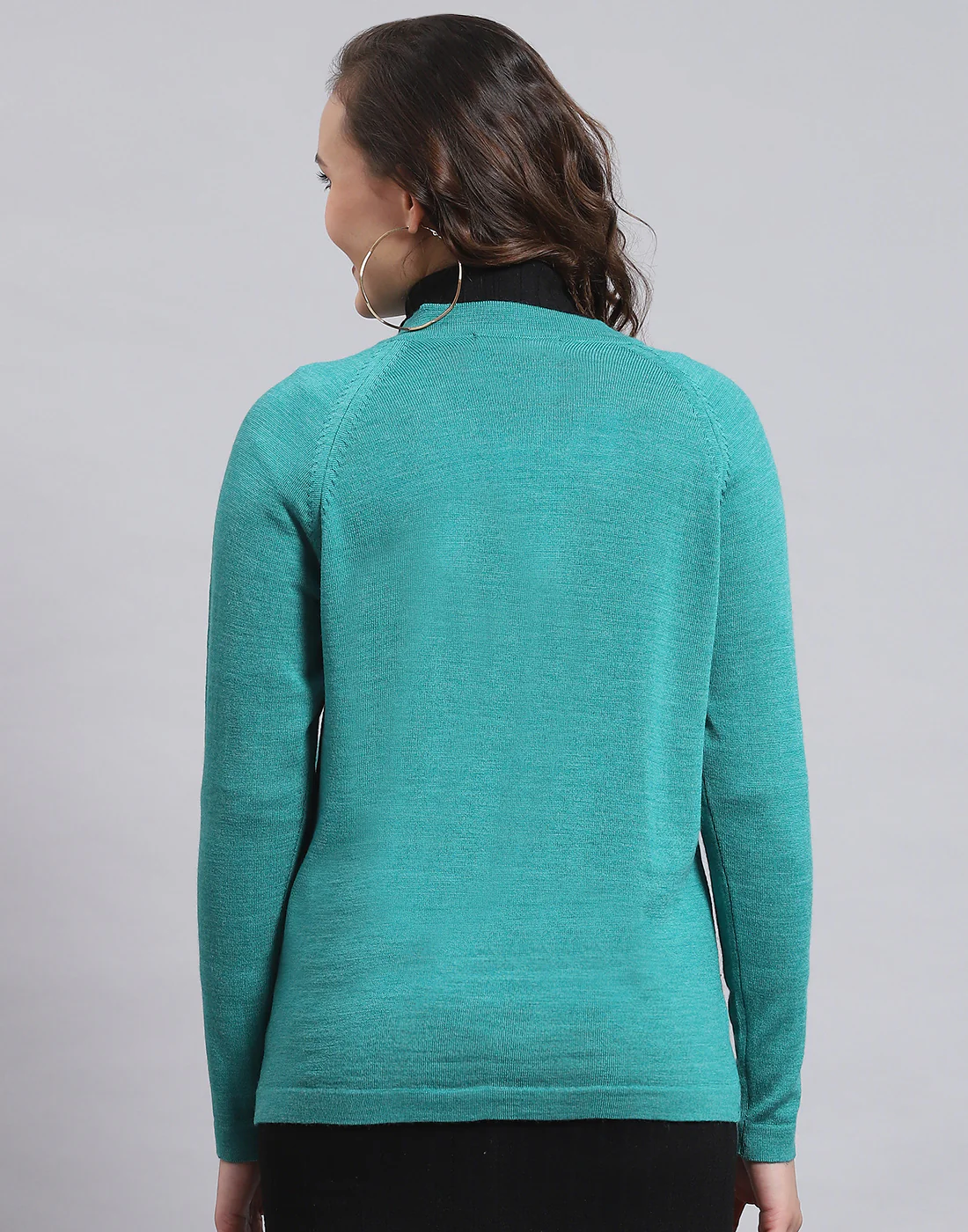 Women Turquoise Blue Solid V Neck Full Sleeve Sweater - Image 5