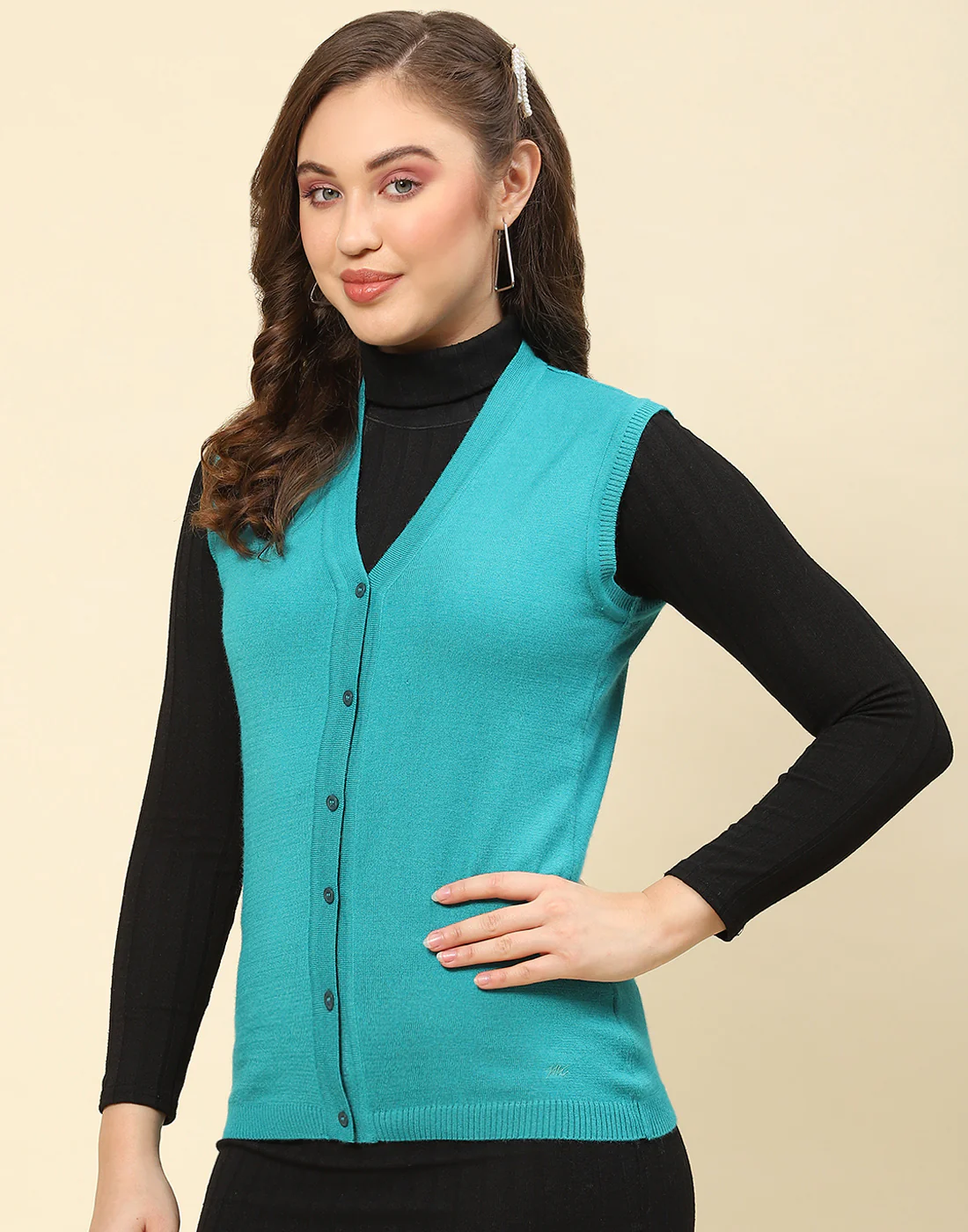 Women Turquoise Blue Solid V Neck Sleeveless Cardigan - Image 3