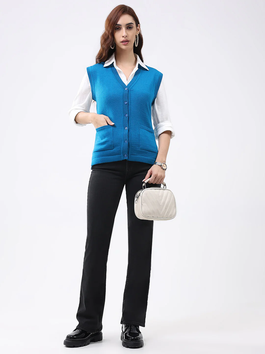 Women Turquoise Blue Solid V Neck Sleeveless Cardigan - Image 2