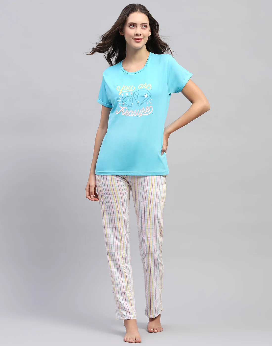 Women Turquoise Blue & White Printed Round Neck Half Sleeve Lower Set - Image 3