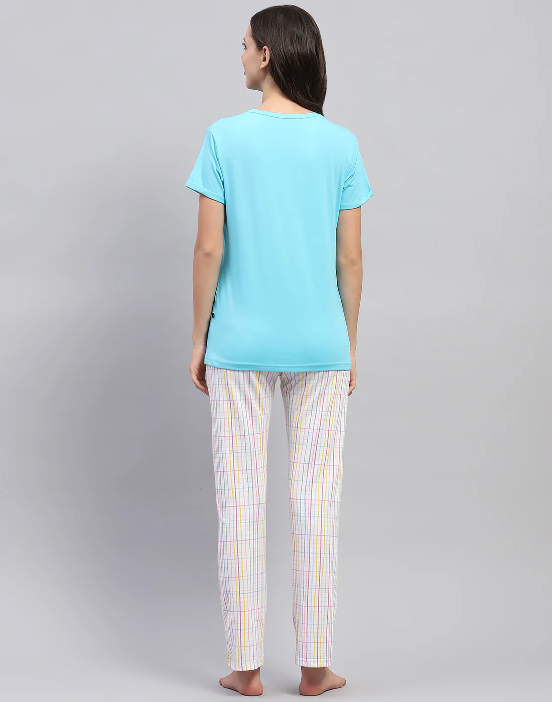 Women Turquoise Blue & White Printed Round Neck Half Sleeve Lower Set - Image 6