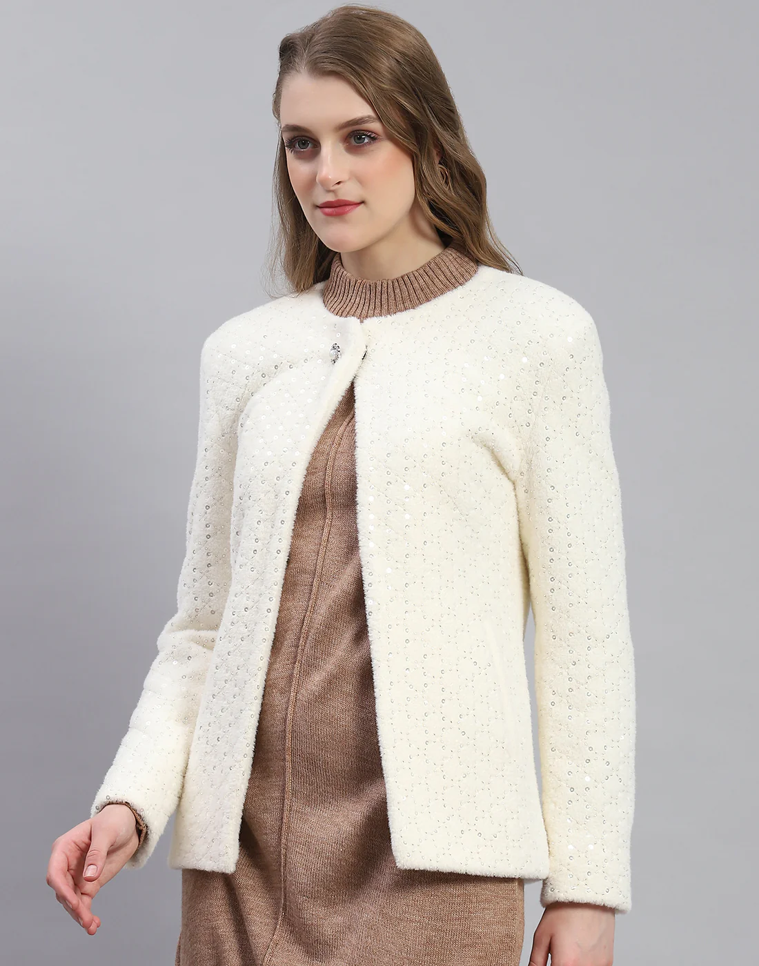 Women White Embellished H Neck Full Sleeve Coat - Image 3