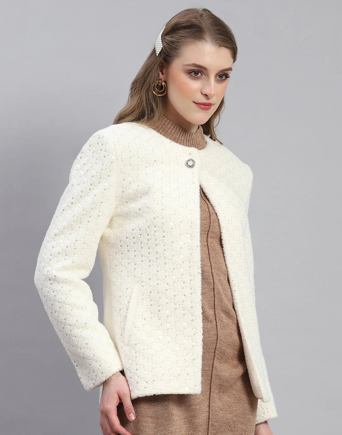 Women White Embellished H Neck Full Sleeve Coat - Image 4