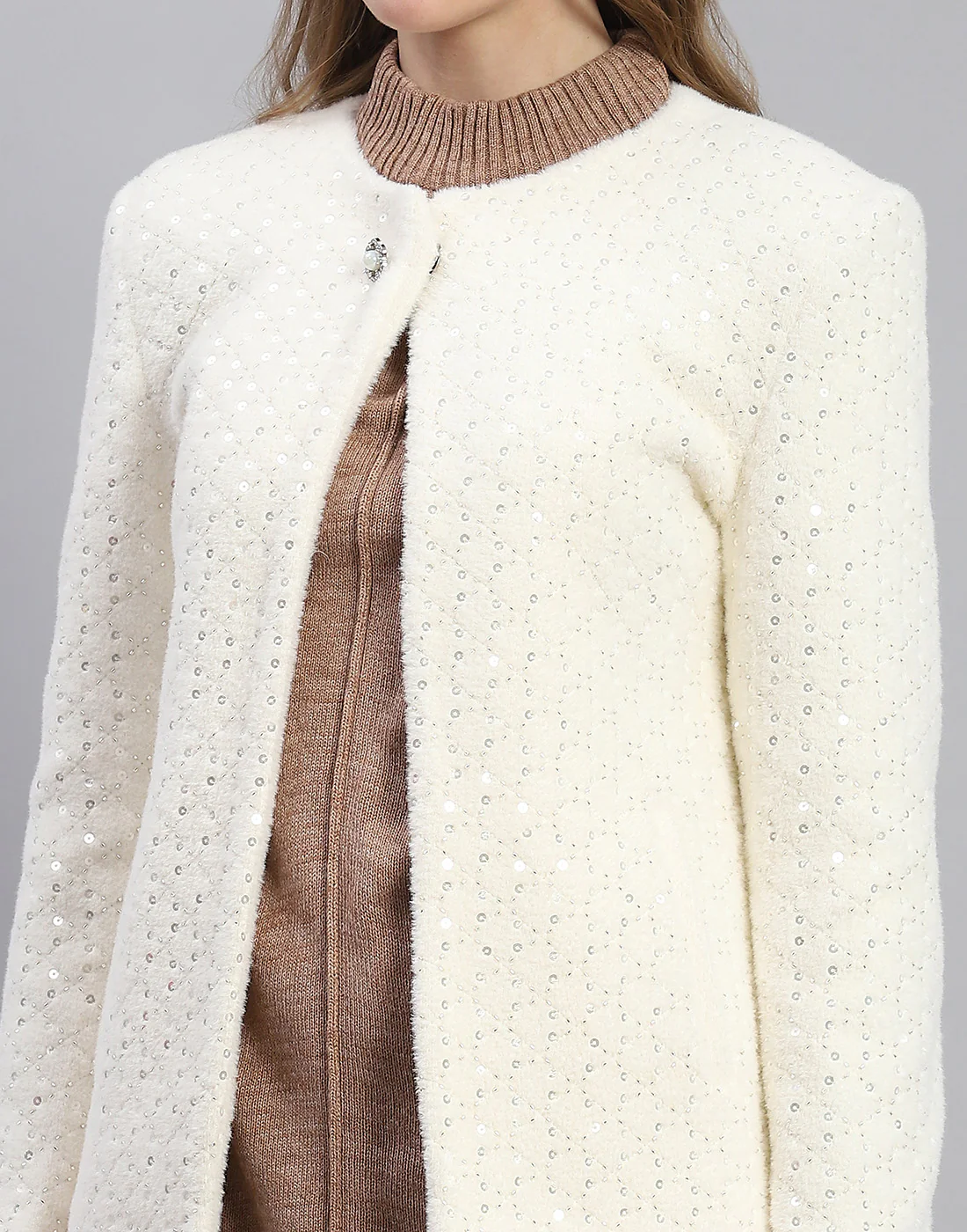 Women White Embellished H Neck Full Sleeve Coat - Image 6