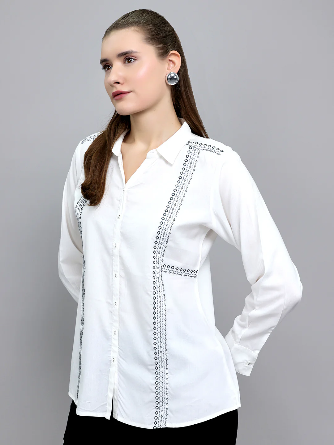 Women White Embroidered Front Open Full Sleeve Top - Image 2