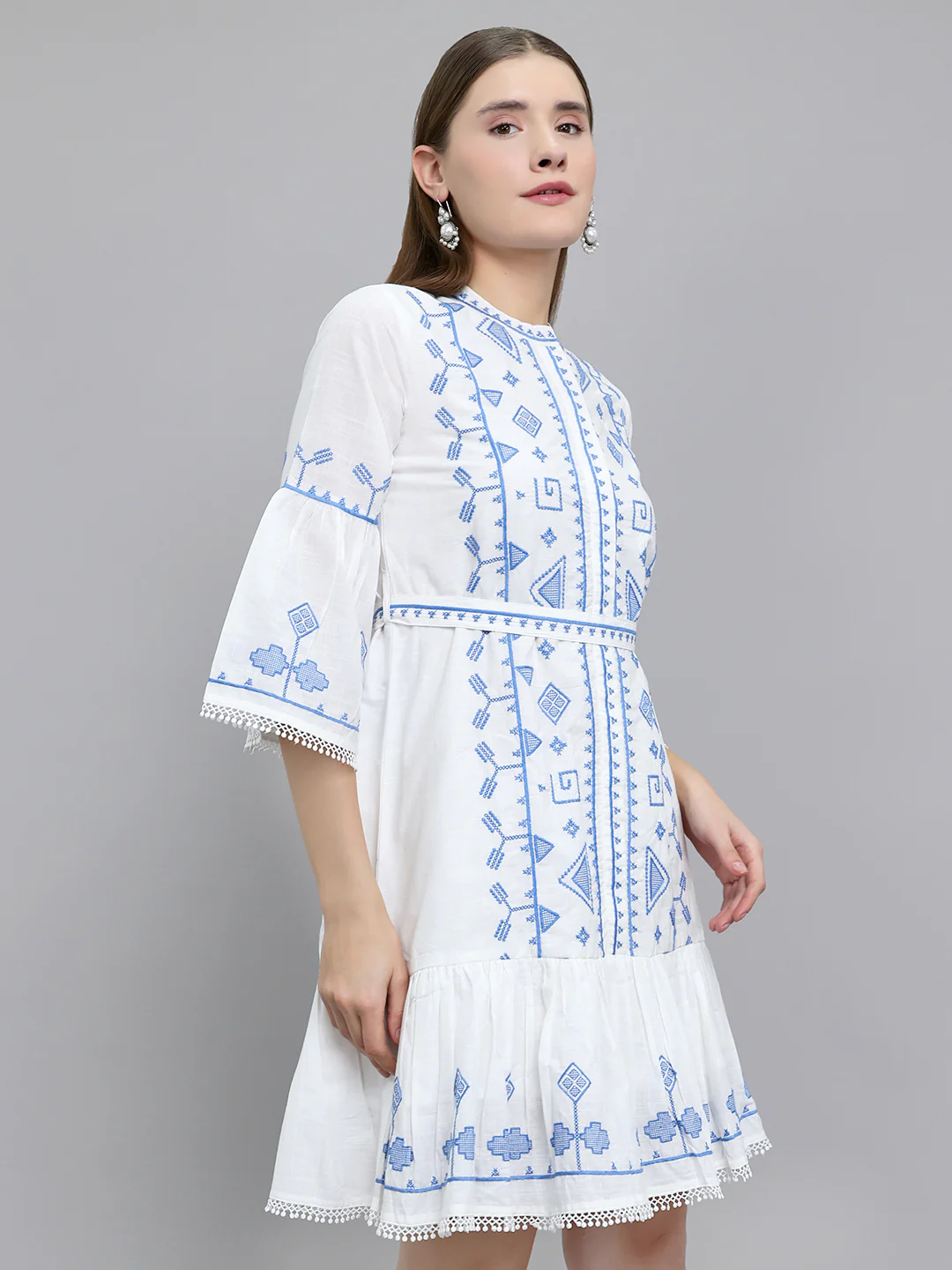 Women White Embroidered Henley Neck 3/4th Sleeve Tunic - Image 3