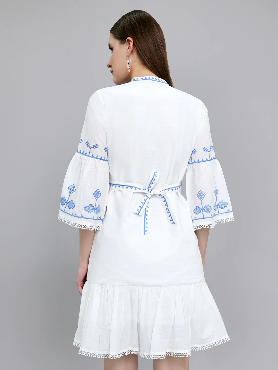 Women White Embroidered Henley Neck 3/4th Sleeve Tunic - Image 4