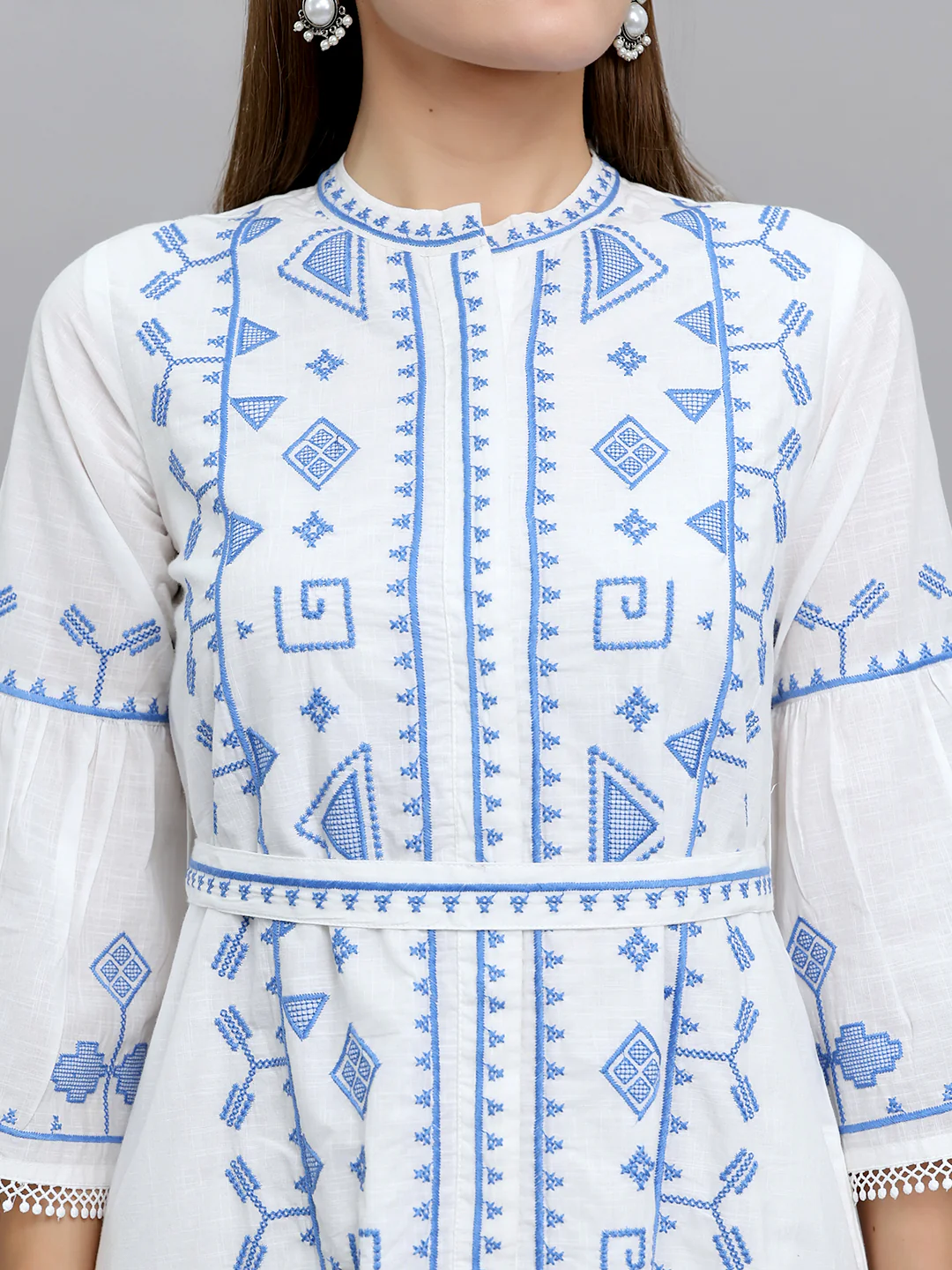 Women White Embroidered Henley Neck 3/4th Sleeve Tunic - Image 5