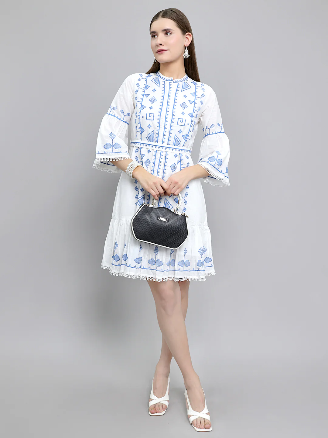 Women White Embroidered Henley Neck 3/4th Sleeve Tunic - Image 6